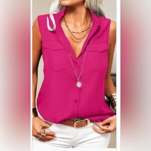 Silky Sleeveless Button Down Shirt Coral Sz S